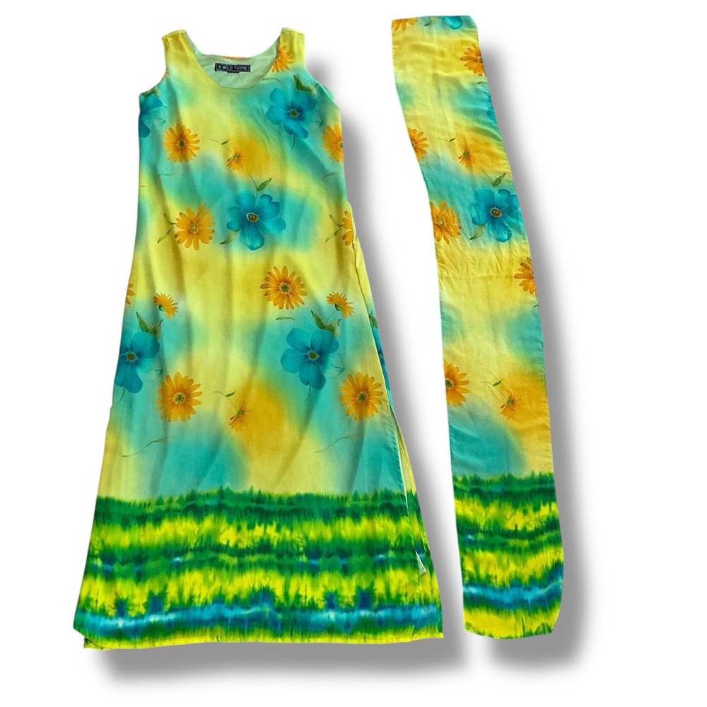 Sleeveless Yellow & Aqua Floral Maxi Dress with Scarf - Picture 6 of 13